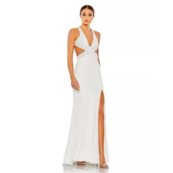 NWT Mac Duggal White Floral Sequin Deep V-neckline Criss Cross Back Size 2, 8